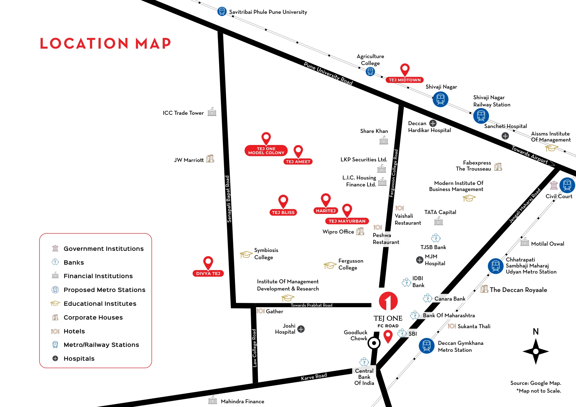 Location map with metro stations, banks and colleges at Tej One FC Road, Deccan Gymkhana