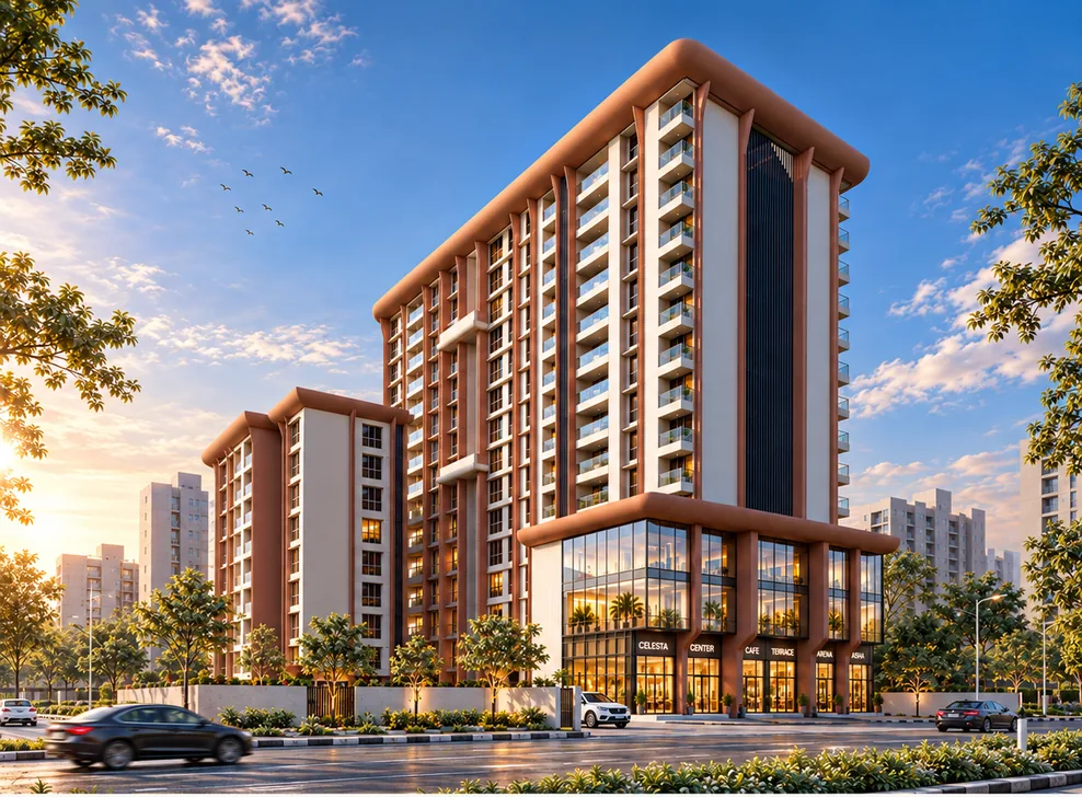 Residential tower with a glass-fronted commercial base at Celestia Heights, Punawale