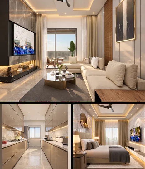Sample living room, kitchen and bedroom interiors at Celestia Heights, Punawale