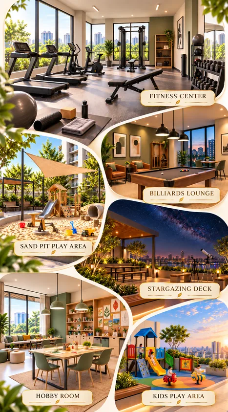 Gym, billiards lounge, sand pit, stargazing deck, hobby room and kids' play area at Celestia Heights, Punawale