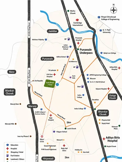 Location map of Kate Wasti Road, the ring road and Hinjewadi around Celestia Heights, Punawale