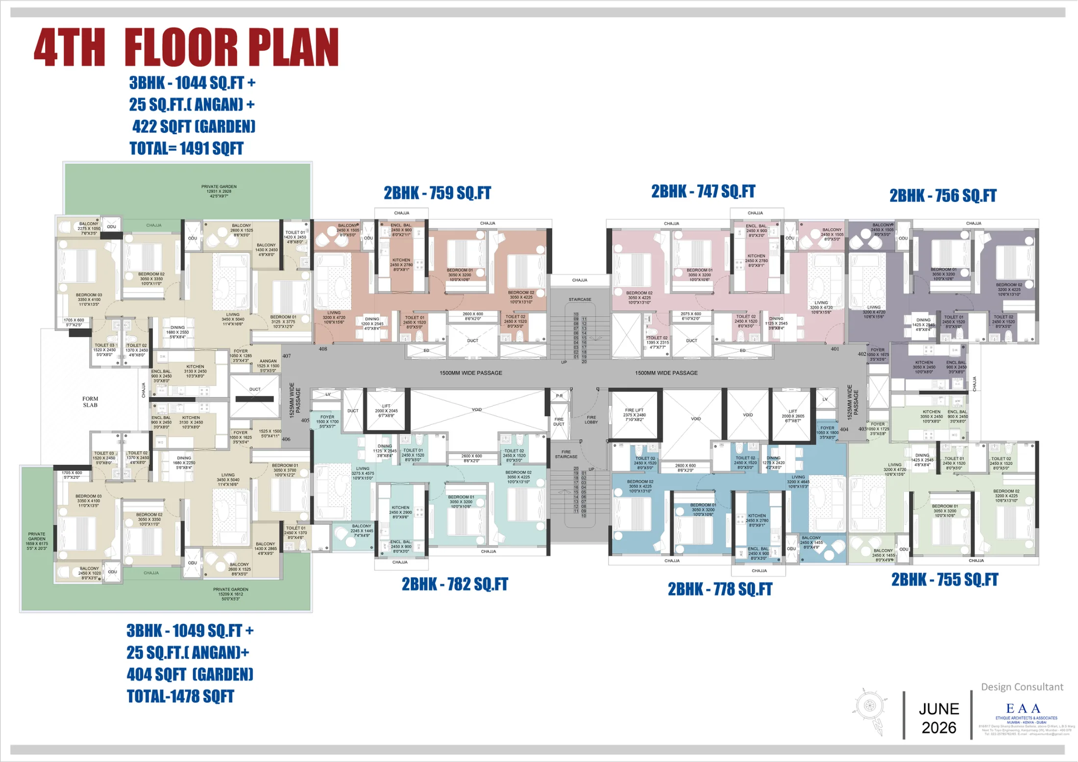 Fourth floor plan with the garden 3 BHK homes at Celestia Heights, Punawale