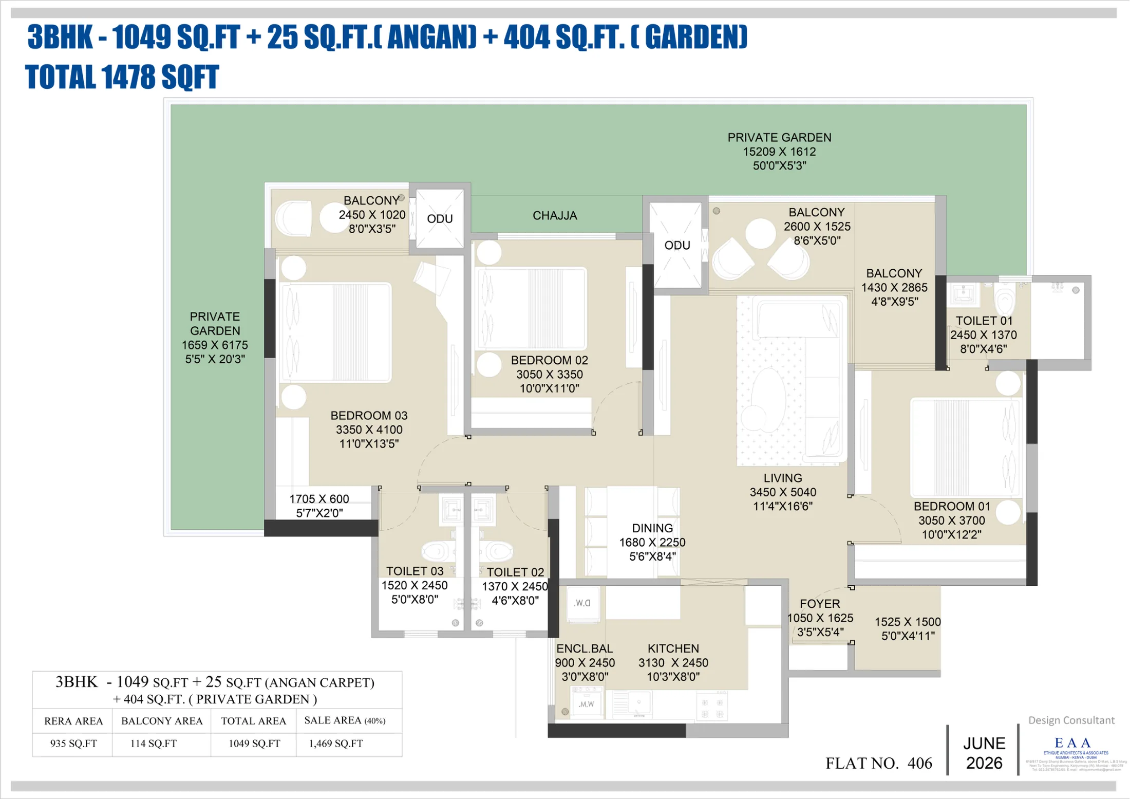 3 BHK garden home plan with a 404 sq ft private garden at Celestia Heights, Punawale