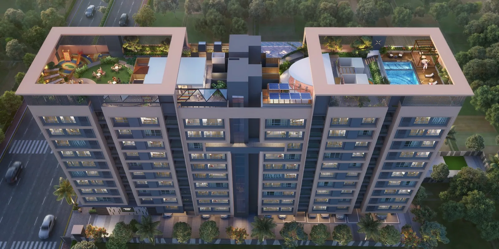 Aerial view of the two wings with rooftop amenities at Excellaa Virtu, Pimple Nilakh