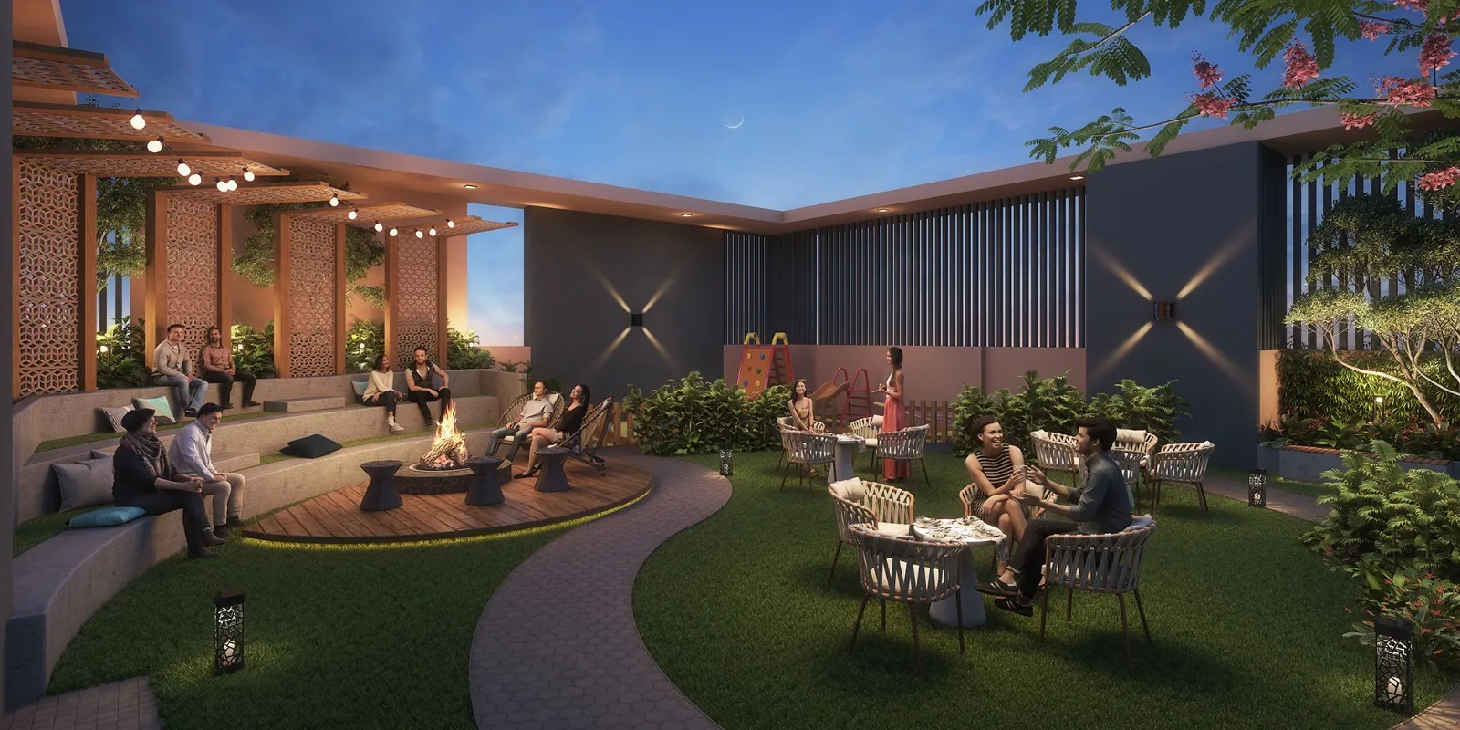 Bonfire sky lounge on the rooftop at dusk at Excellaa Virtu, Pimple Nilakh