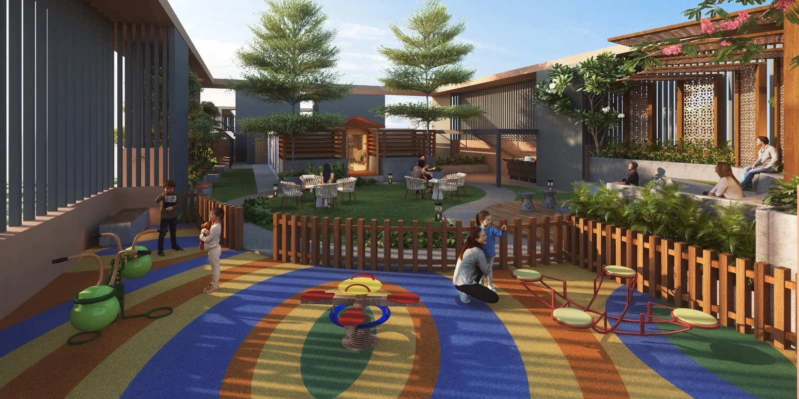 Fenced junior play area on the rooftop at Excellaa Virtu, Pimple Nilakh