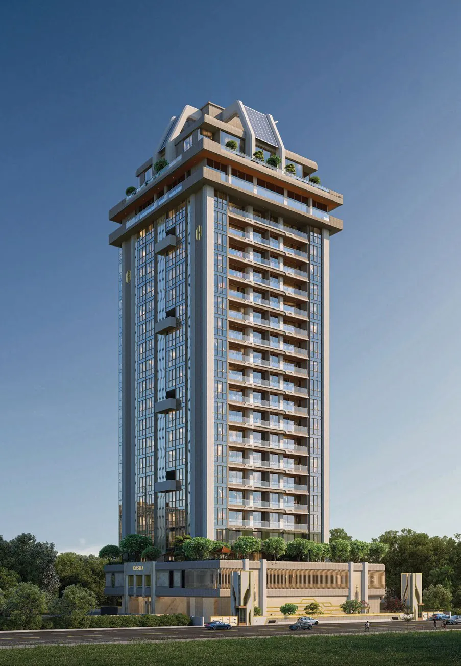 Full view of the residential tower at dusk at Kosha, Koregaon Park