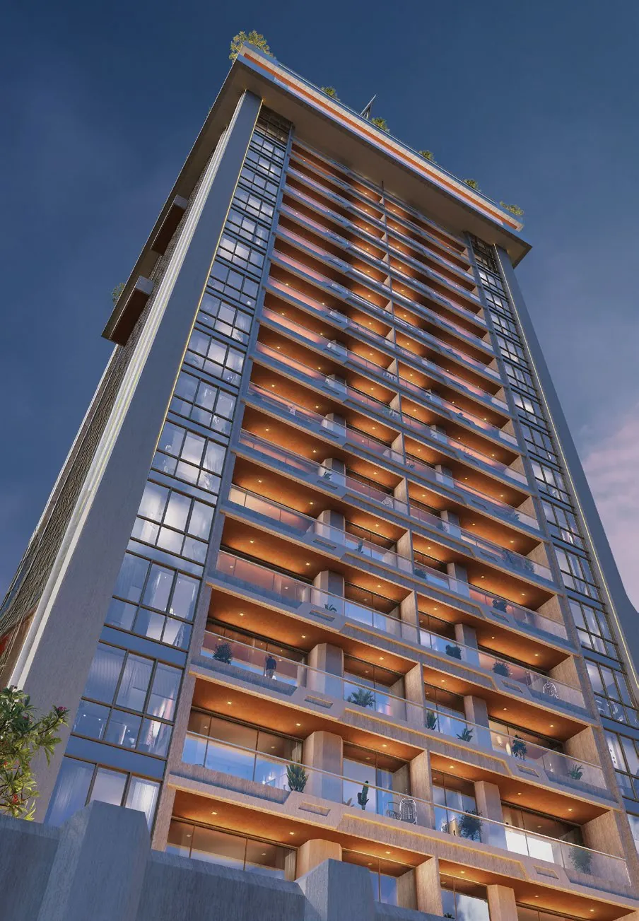 Facade with wood-lined sit-outs on every floor at Kosha, Koregaon Park
