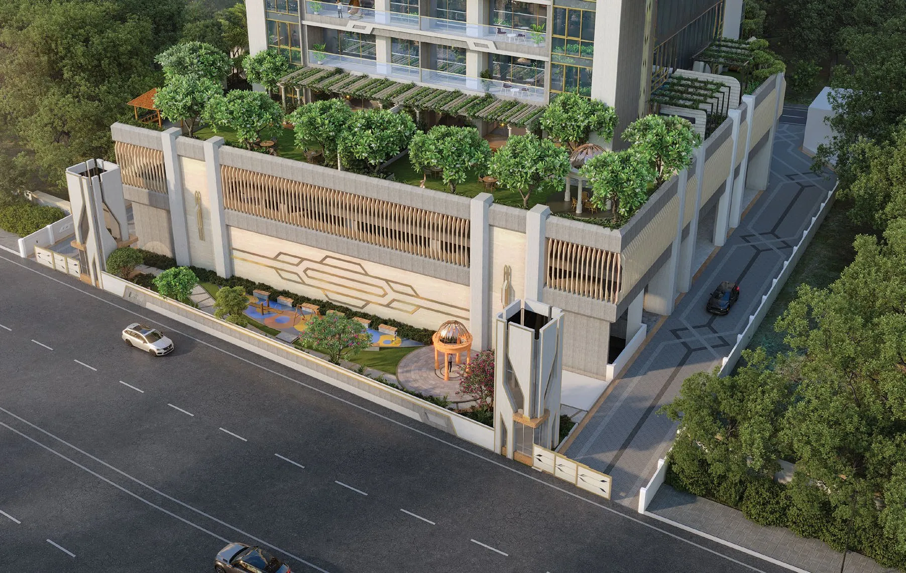 Aerial view of the landscaped podium and entrance from South Main Road at Kosha, Koregaon Park