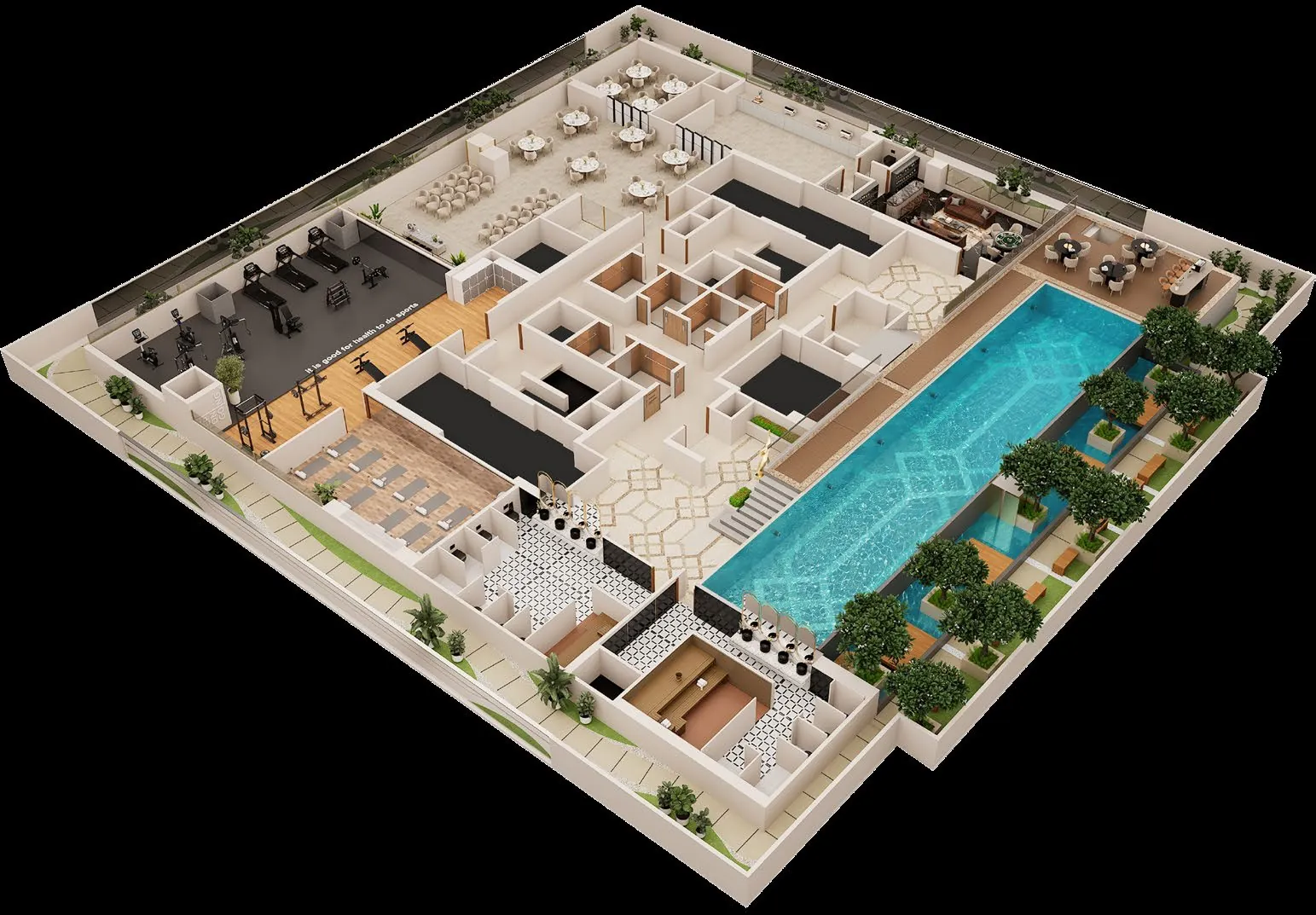 3D view of the recreation floor with the swimming pool and gym at Kosha, Koregaon Park
