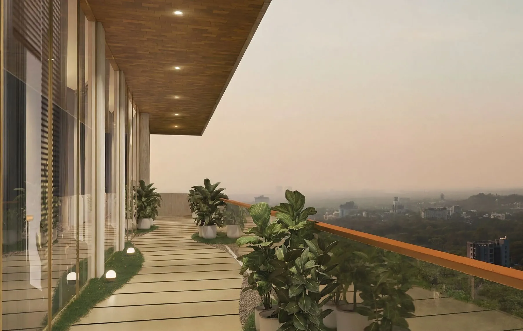 Skywalk with planters running around the building at Kosha, Koregaon Park