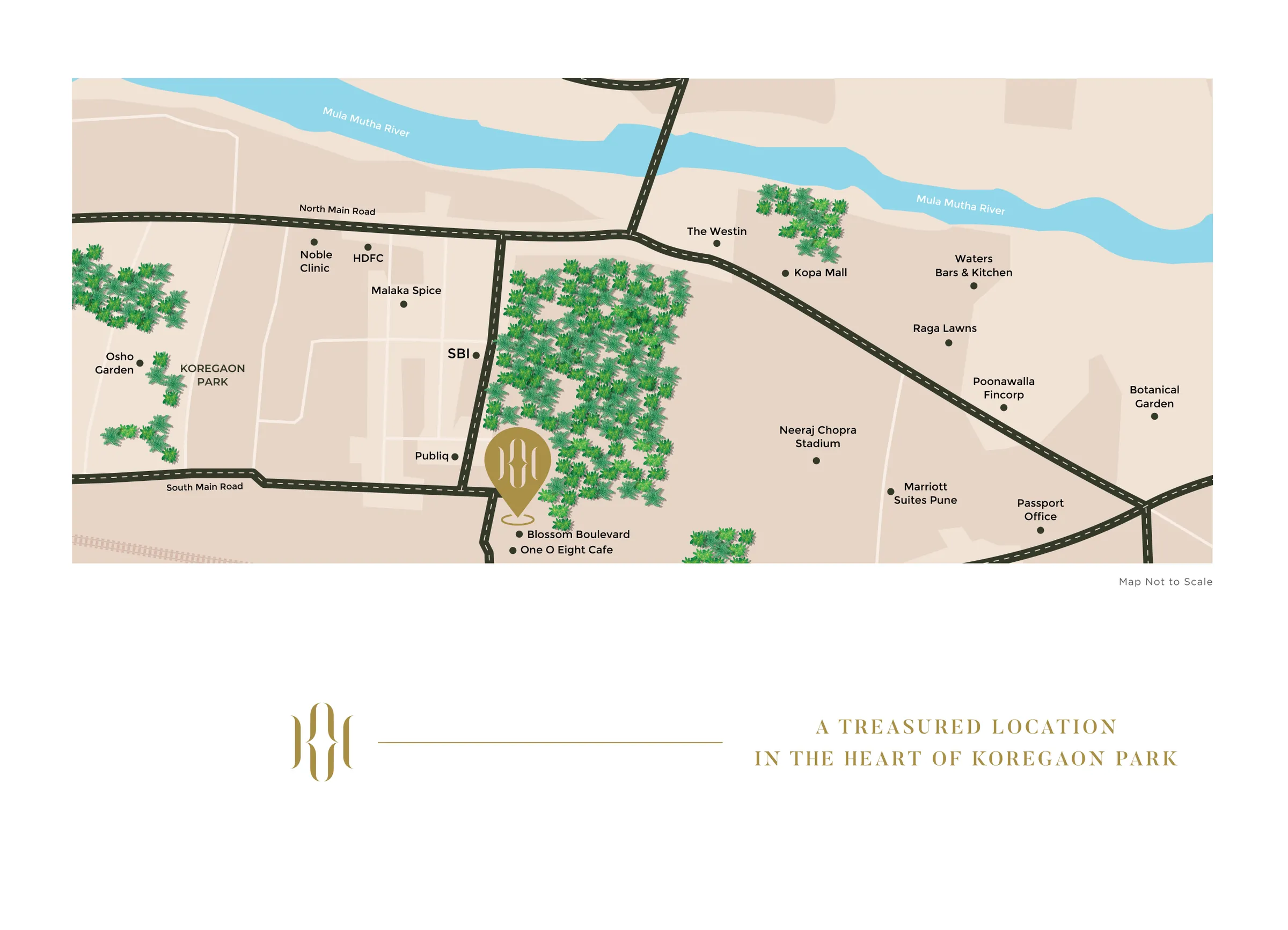 Map of South Main Road, Osho Garden and The Westin around Kosha, Koregaon Park