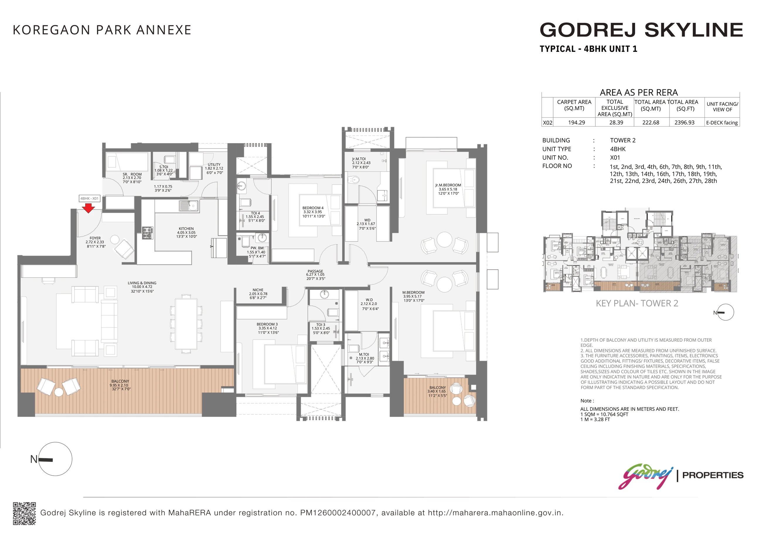 4 BHK floor plan, Tower 2 unit X01, 2,397 sq ft total RERA area at Godrej Skyline, Mundhwa