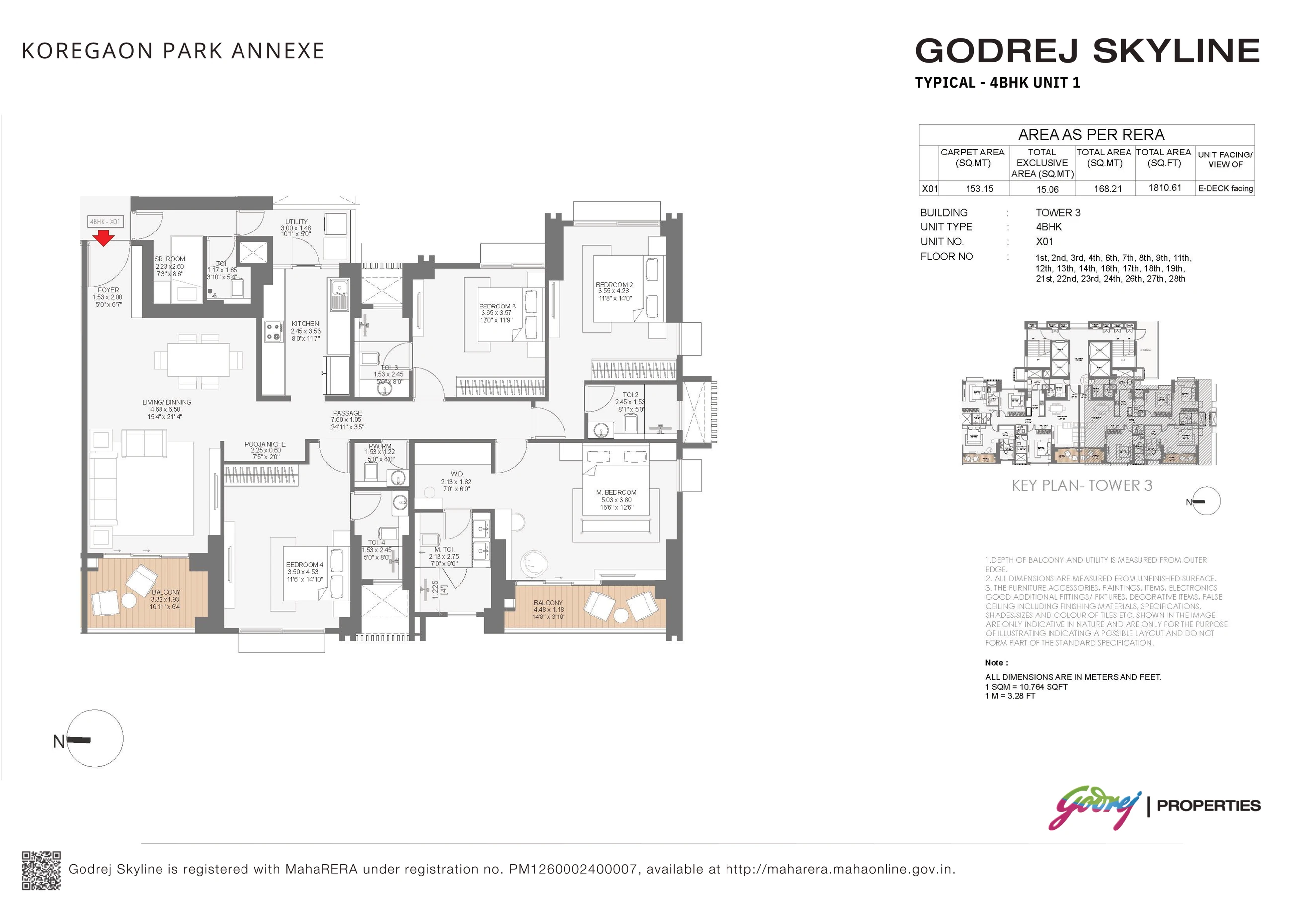 4 BHK floor plan, Tower 3 unit X01, 1,811 sq ft total RERA area at Godrej Skyline, Mundhwa