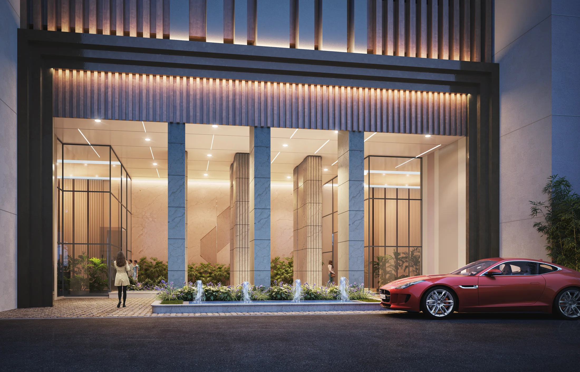Residential entrance porch with water feature at Godrej Skyline, Mundhwa