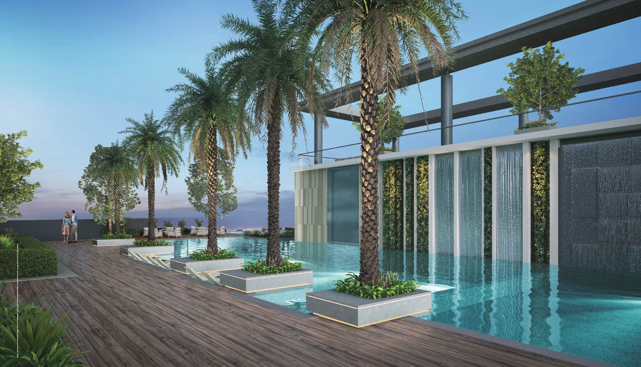 Swimming pool with palms and water curtain wall at Godrej Skyline, Mundhwa