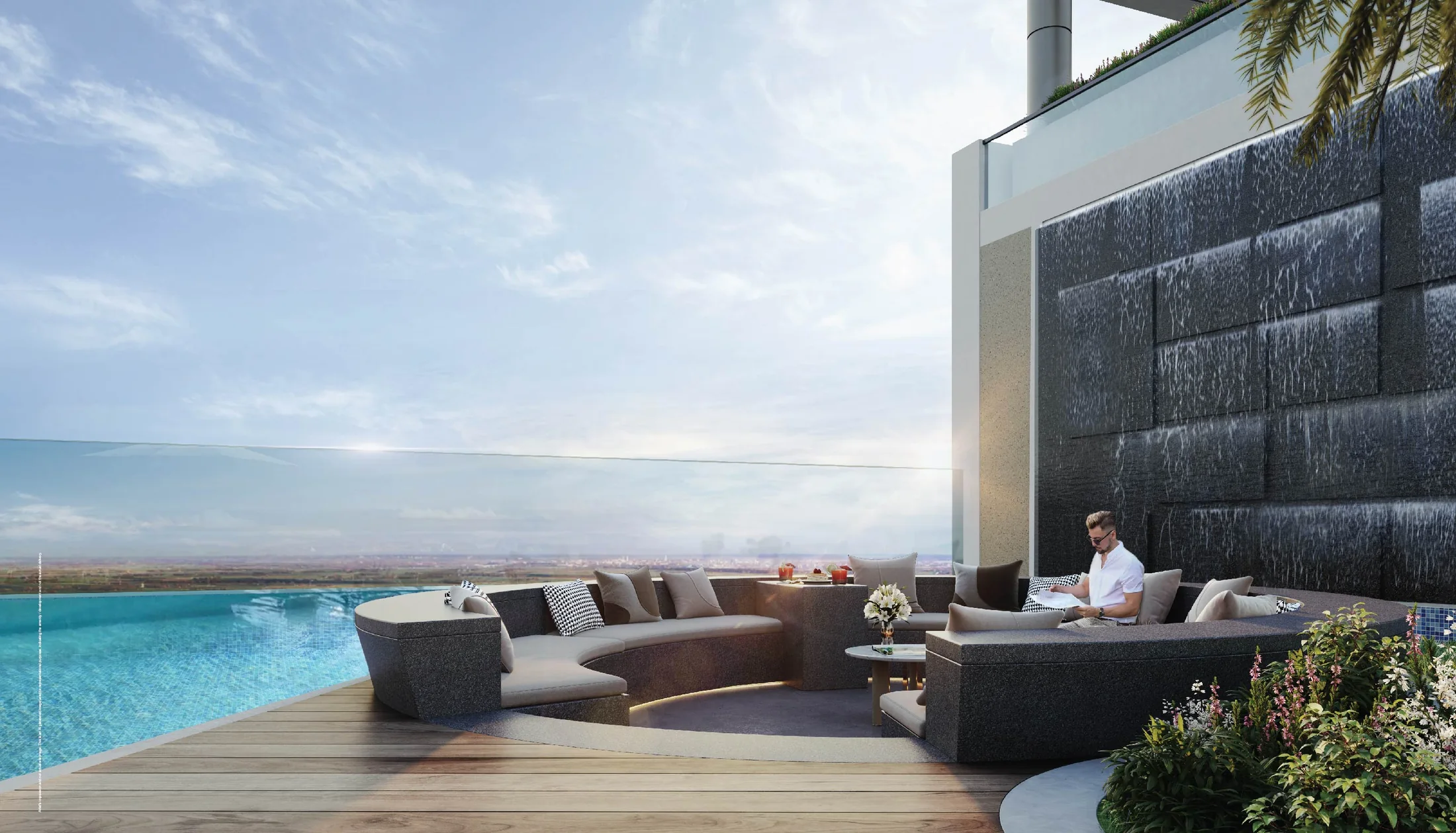 Sky-level pool lounge with sunken seating at Godrej Skyline, Mundhwa