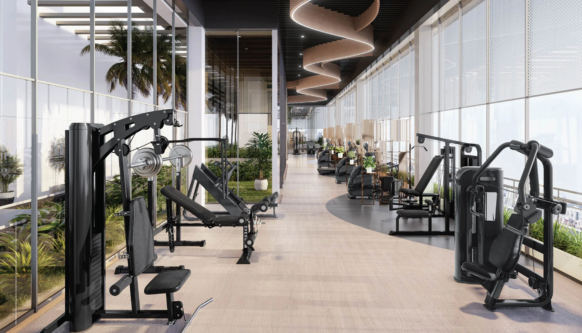 Sky gym with glass walls and city views at Godrej Skyline, Mundhwa