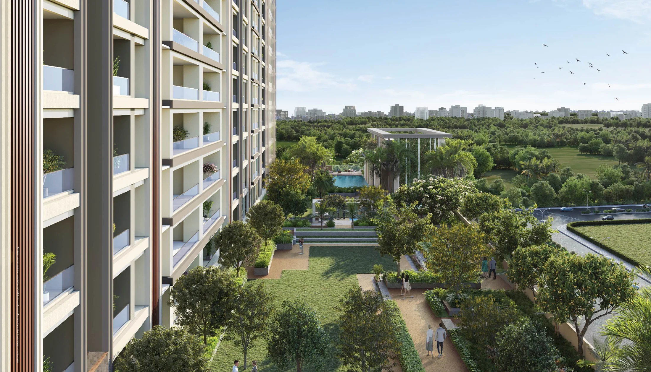View down to the landscaped E-deck garden at Godrej Skyline, Mundhwa
