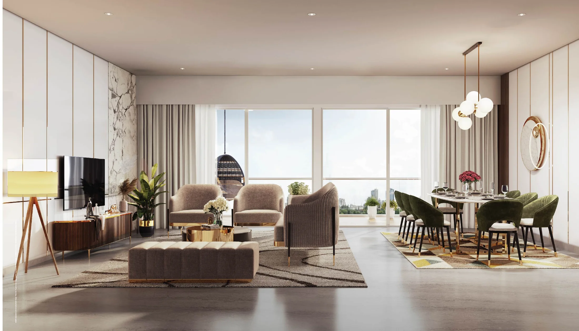 Living and dining room in a sample apartment at Godrej Skyline, Mundhwa