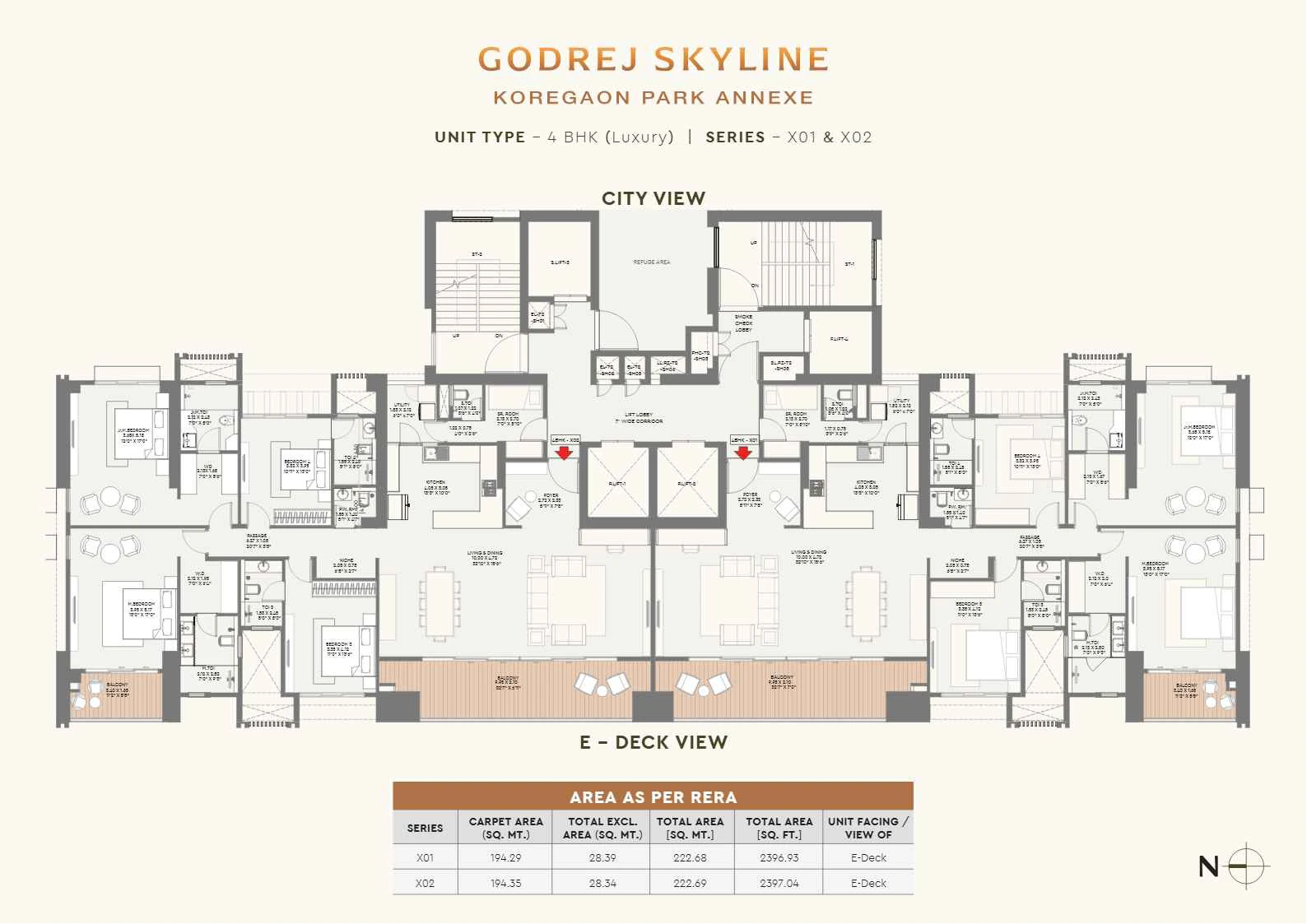 Tower 2 typical floor with two 4 BHK homes at Godrej Skyline, Mundhwa