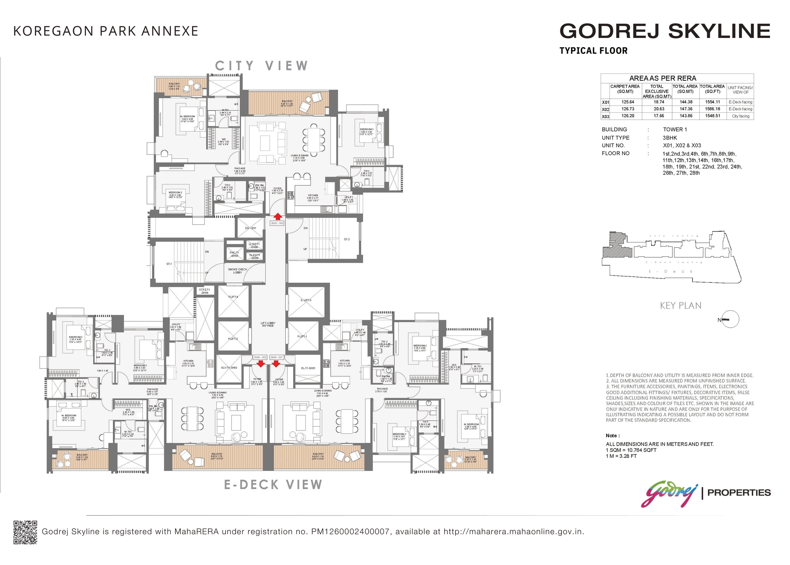 Tower 1 typical floor with three 3 BHK homes and area table at Godrej Skyline, Mundhwa