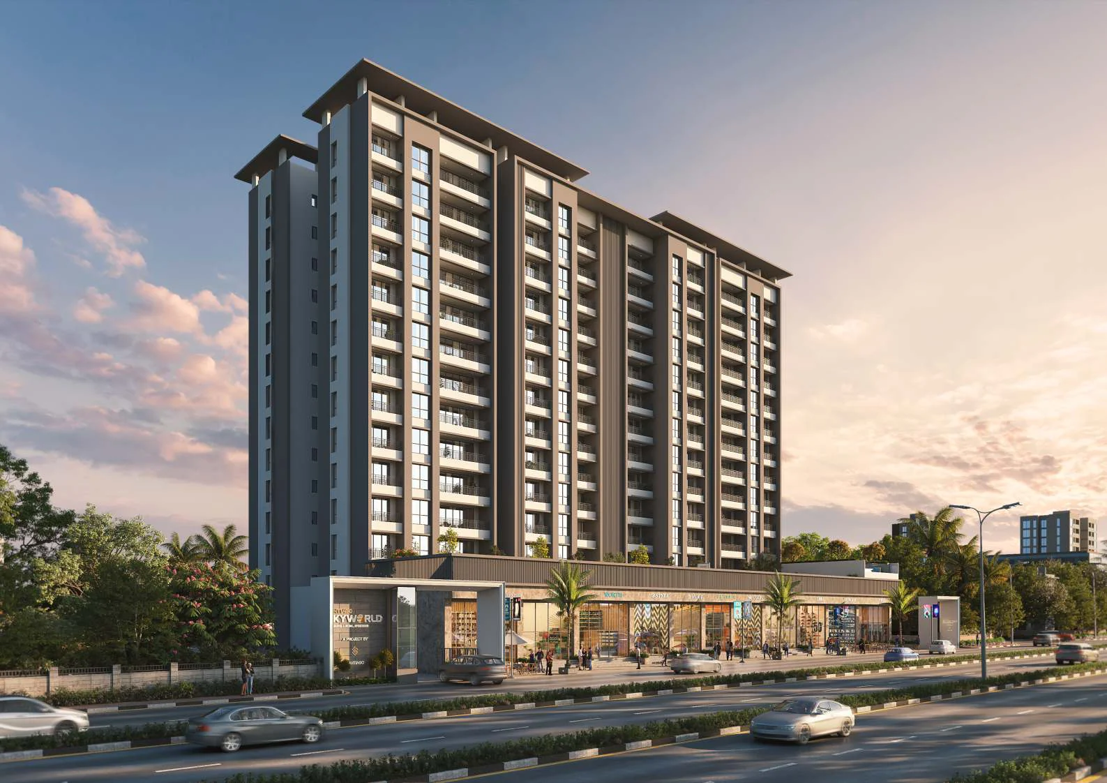 Residential tower above glass-fronted shops beside the main road at Santiago Skyworld 2.0, Bhosari