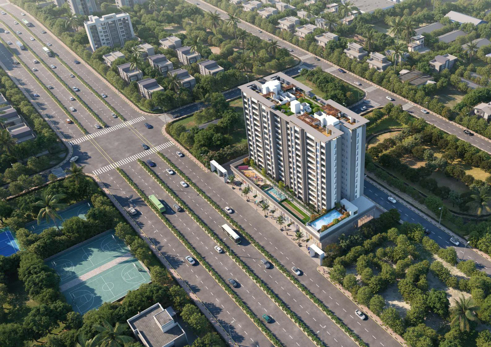 Aerial view of the tower at a road junction at Santiago Skyworld 2.0, Bhosari
