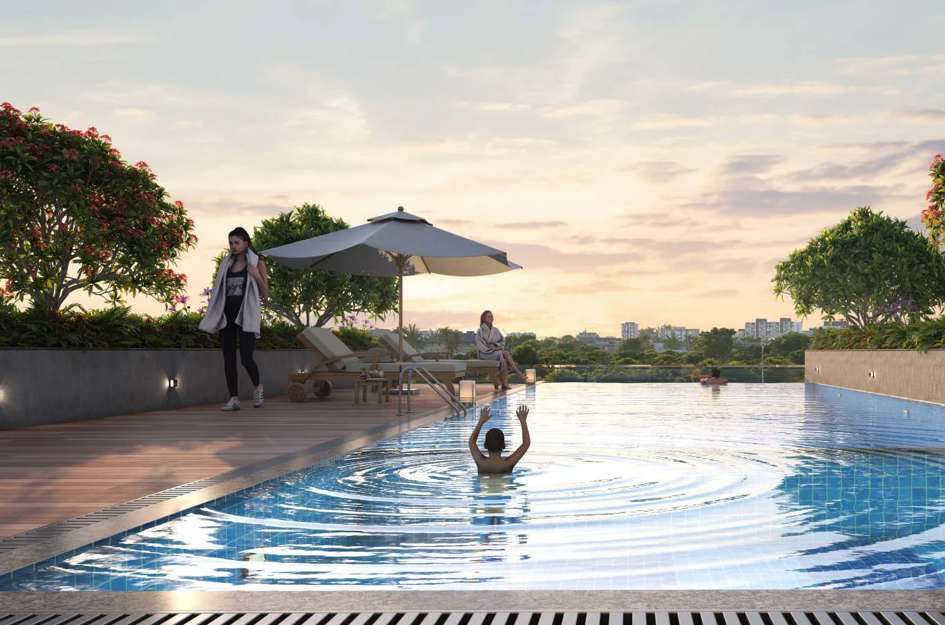 Swimming pool with sun loungers and city views at Santiago Skyworld 2.0, Bhosari