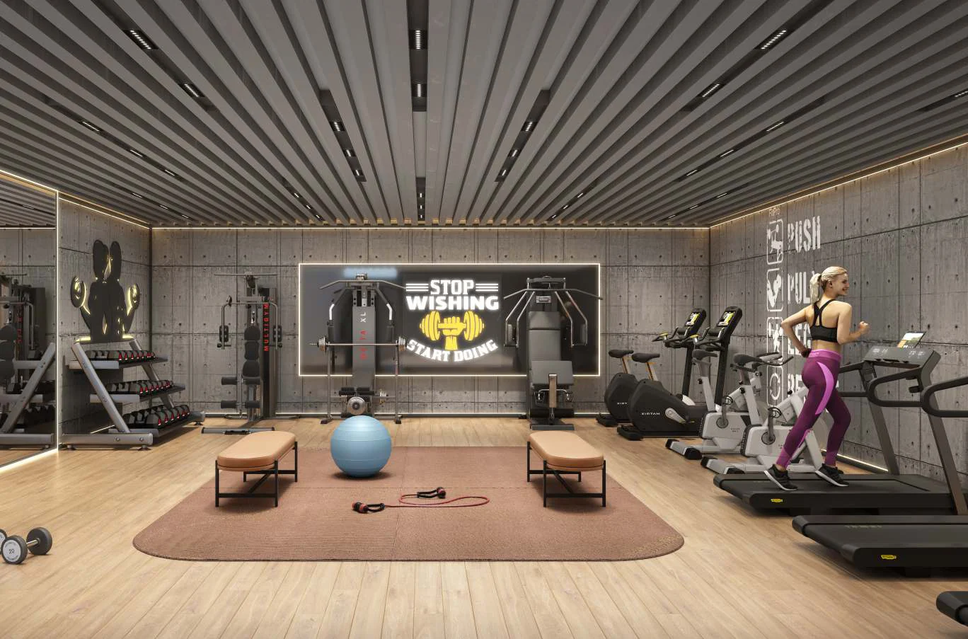 Indoor gymnasium with treadmills and weights at Santiago Skyworld 2.0, Bhosari
