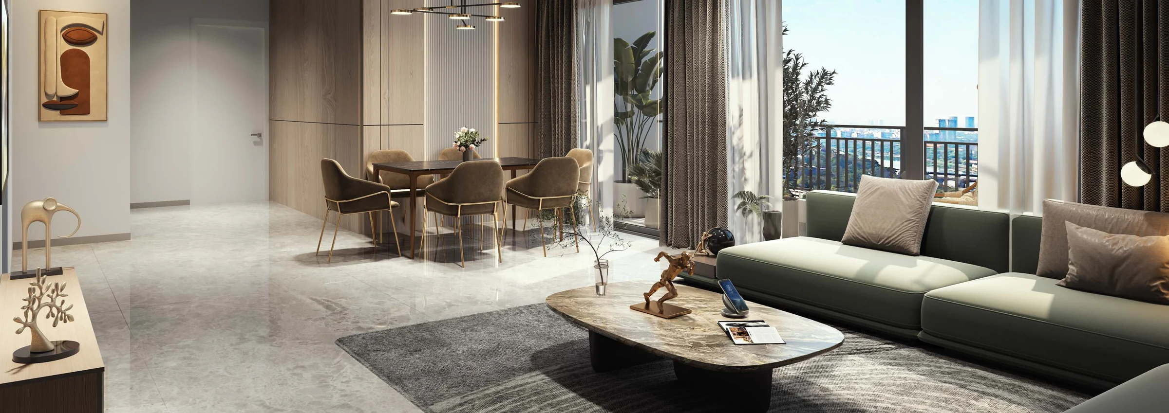 Living and dining room opening onto a balcony at Santiago Skyworld 2.0, Bhosari