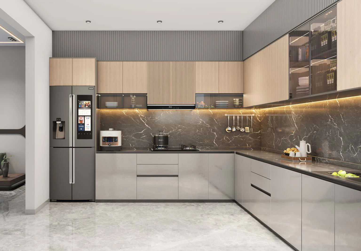L-shaped modular kitchen with a quartz platform at Santiago Skyworld 2.0, Bhosari