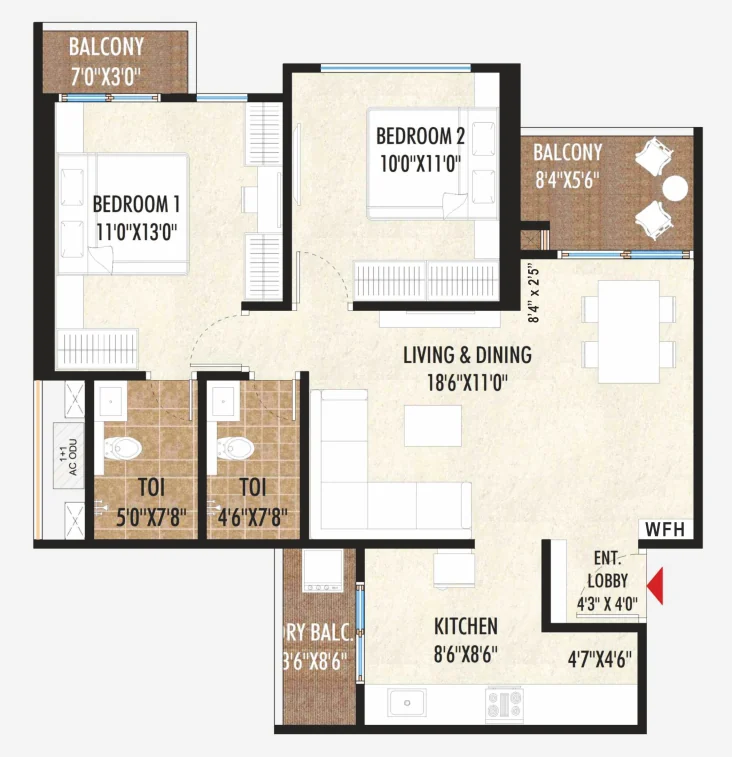2 BHK floor plan — Excellaa TOTT, Maan