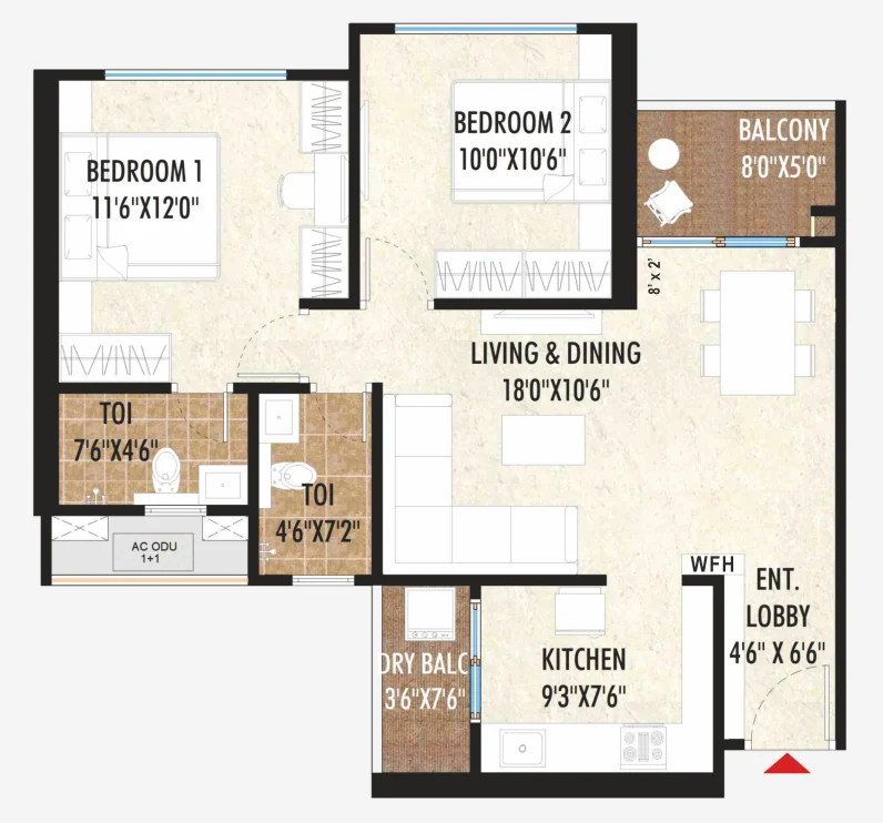 2 BHK floor plan — Excellaa TOTT, Maan