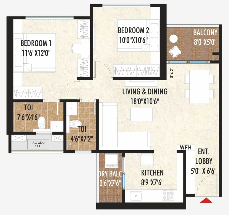 2 BHK floor plan — Excellaa TOTT, Maan
