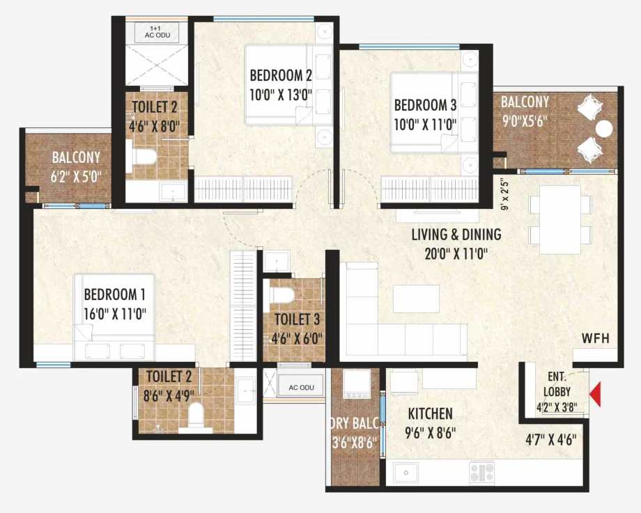 3 BHK type A plan of 1,100 sq ft with room sizes at Excellaa TOTT, Maan