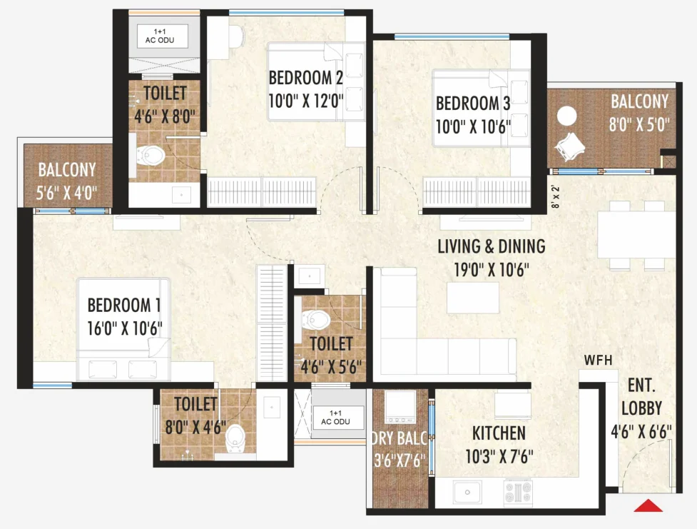 3 BHK type B plan of 1,000 sq ft with room sizes at Excellaa TOTT, Maan