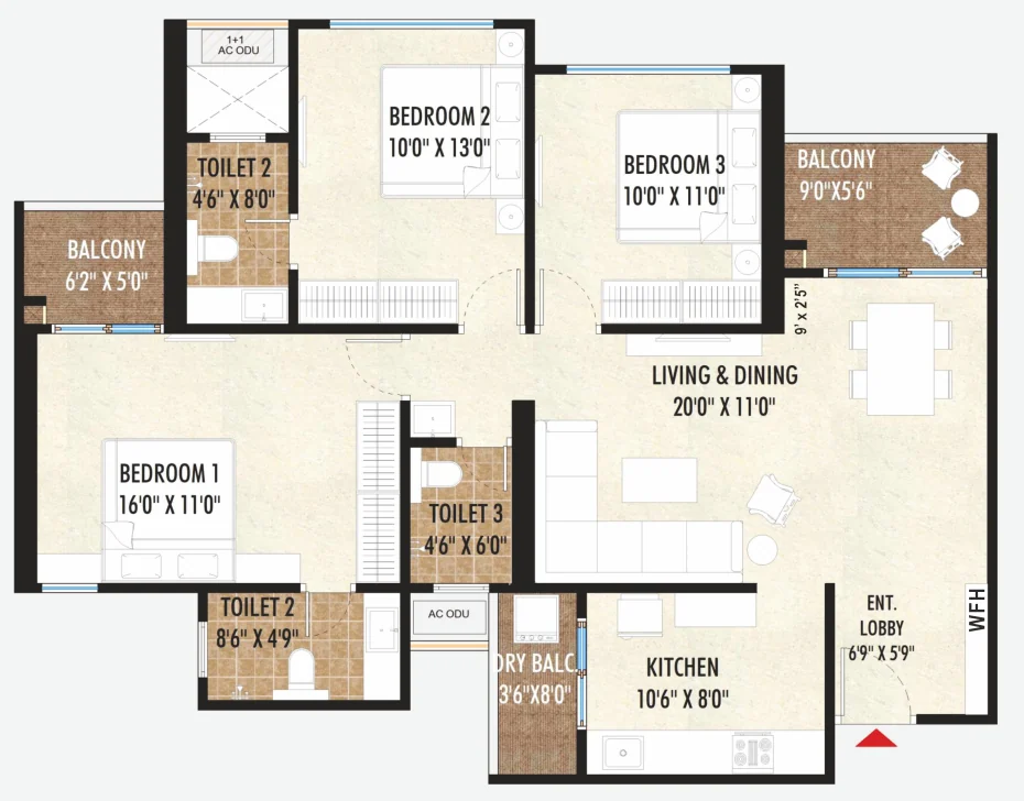 3 BHK type C plan of 1,100 sq ft with room sizes at Excellaa TOTT, Maan