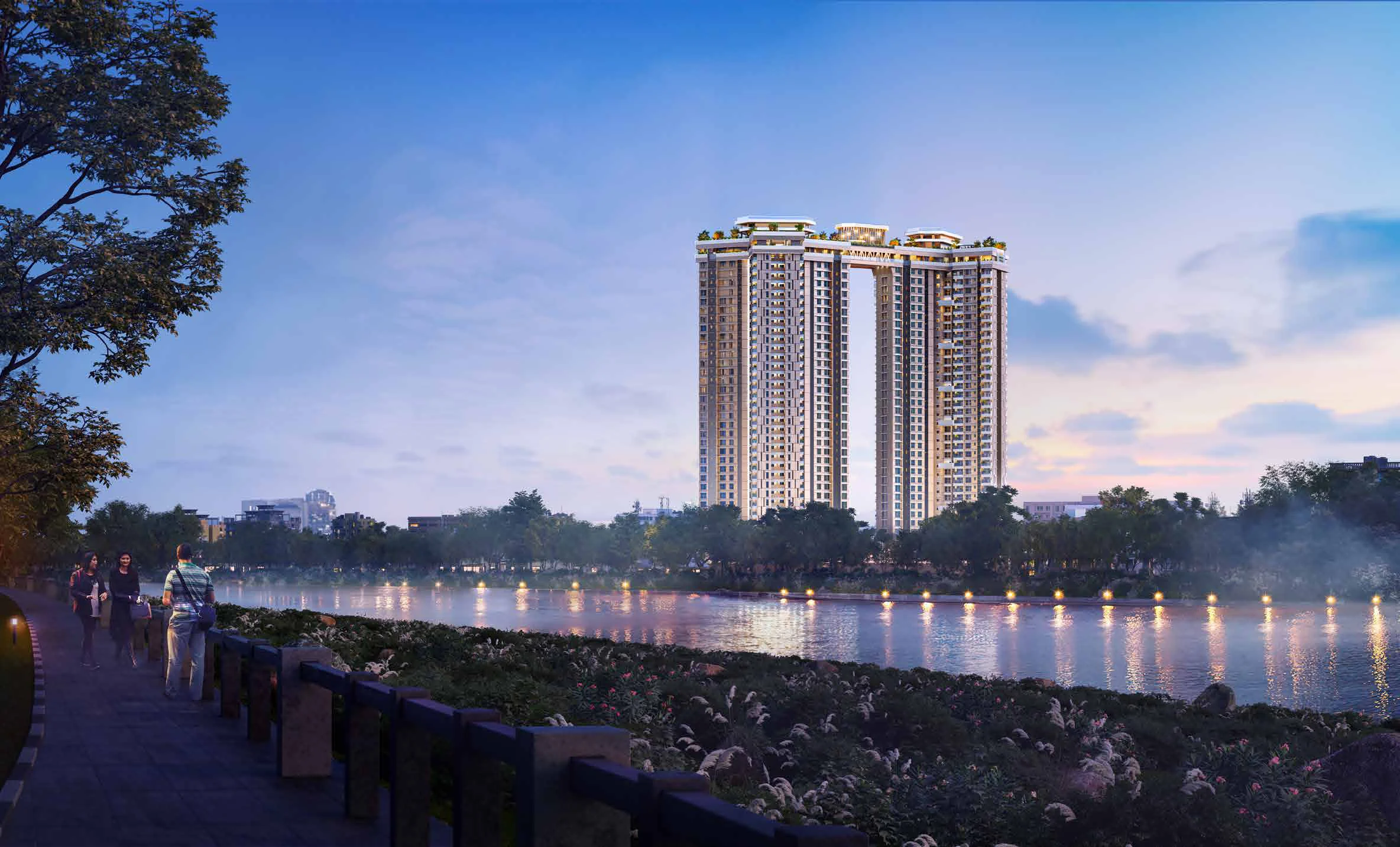 Twin towers beside the river at dusk at Supreme Towers, Mundhwa