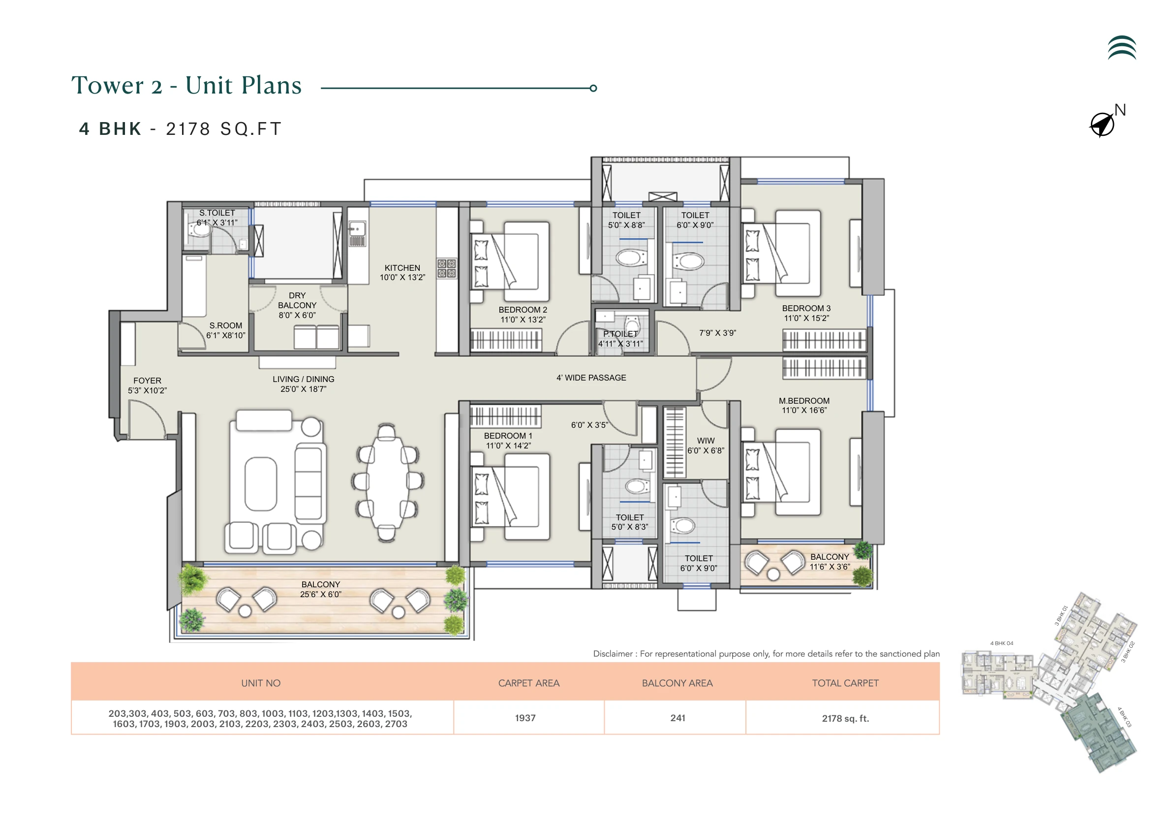 4 BHK unit plan with servant room, 2,178 sq ft total carpet area, Tower 2 at Supreme Towers, Mundhwa