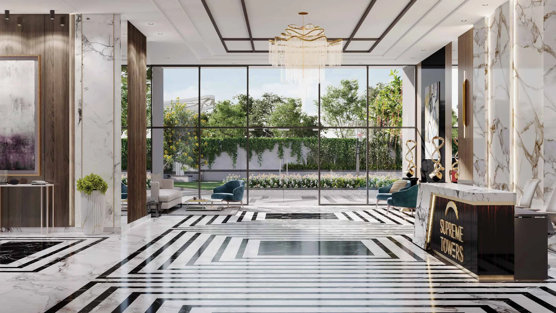 Entrance lobby with marble flooring and a reception desk at Supreme Towers, Mundhwa