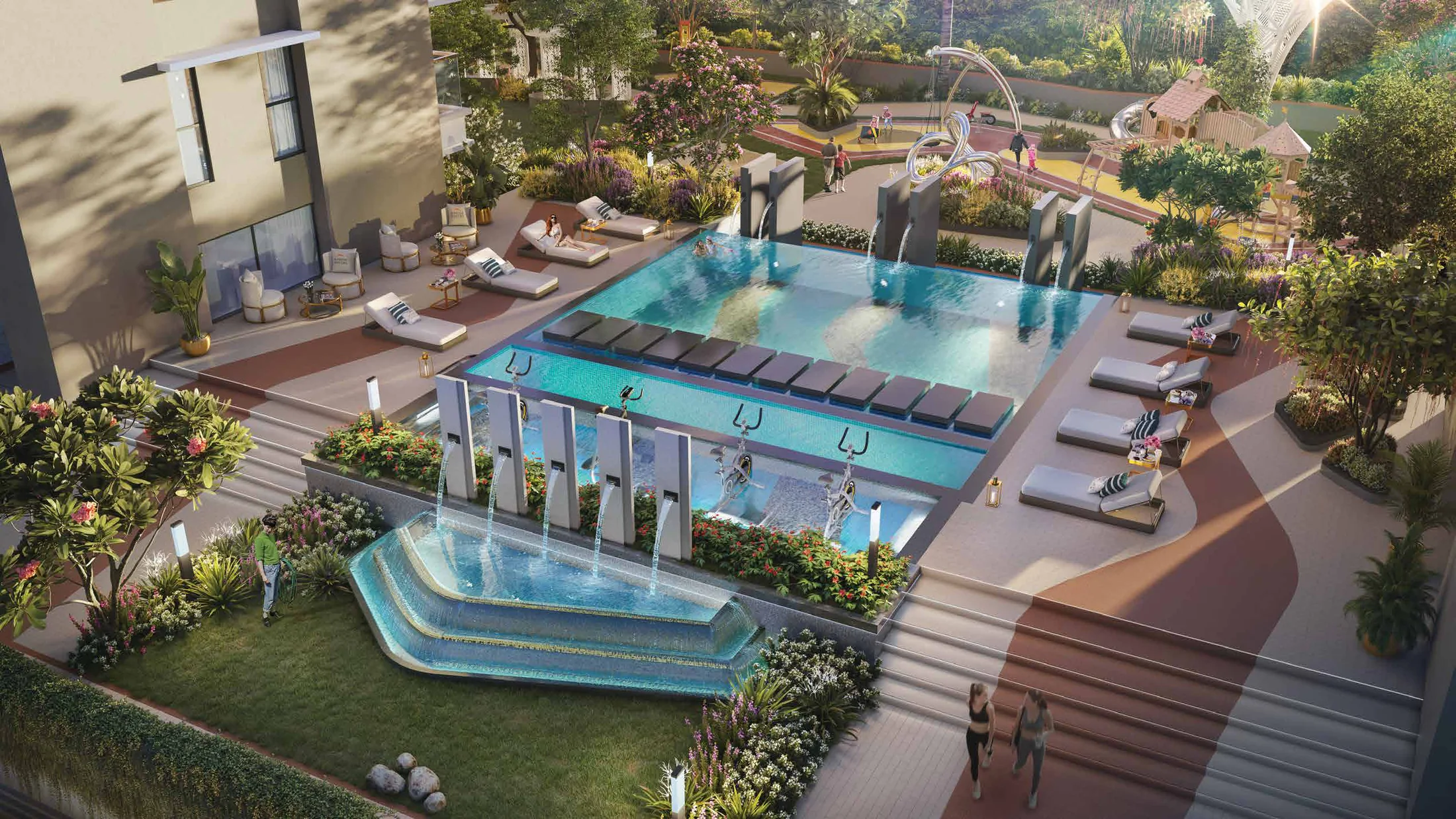 Podium kids' pool, aqua gym and cascading water feature at Supreme Towers, Mundhwa