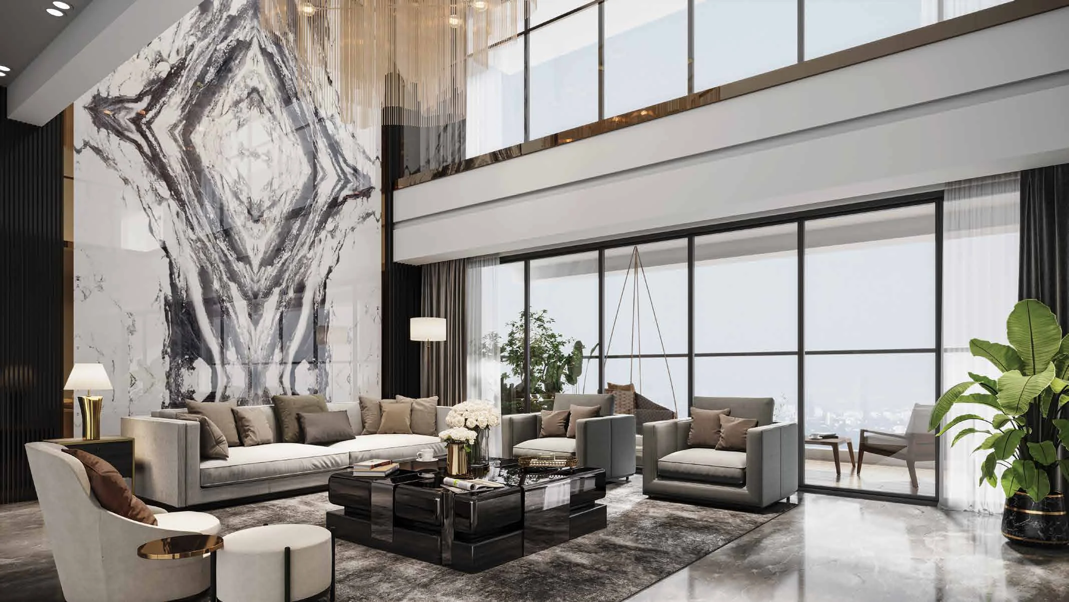 Double-height living room in a Sky Palace duplex at Supreme Towers, Mundhwa
