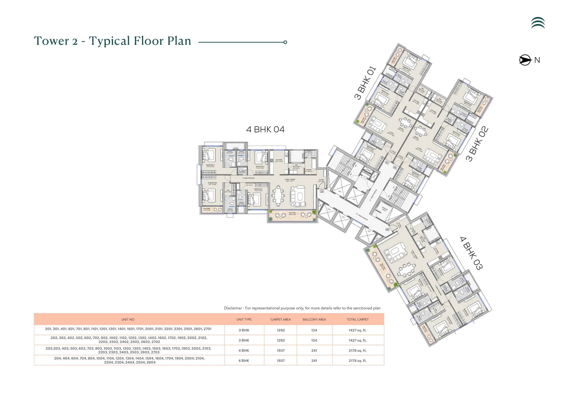 Tower 2 typical floor with two 3 BHK and two 4 BHK homes at Supreme Towers, Mundhwa