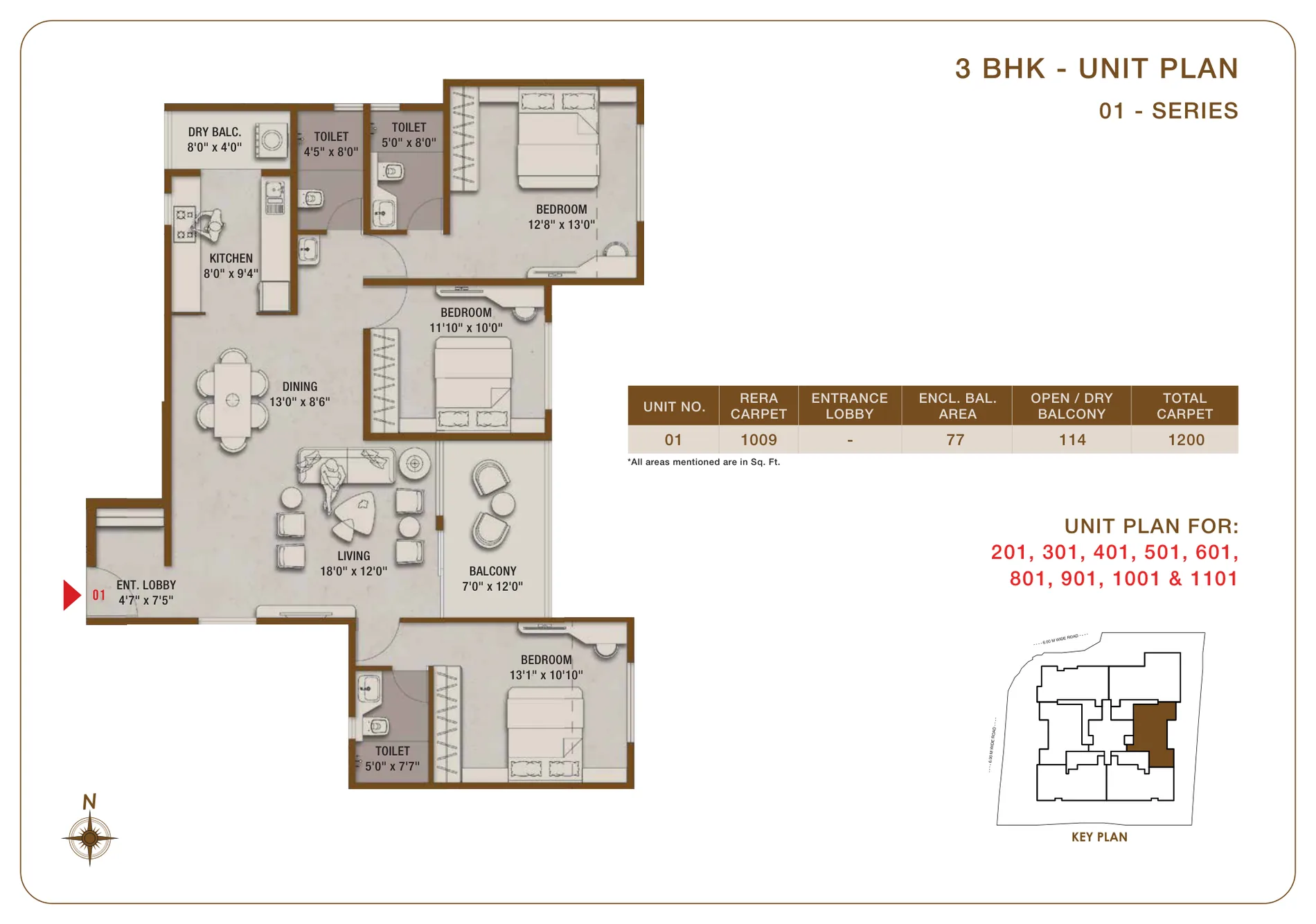 3 BHK floor plan — Tej Midtown, Modibaug
