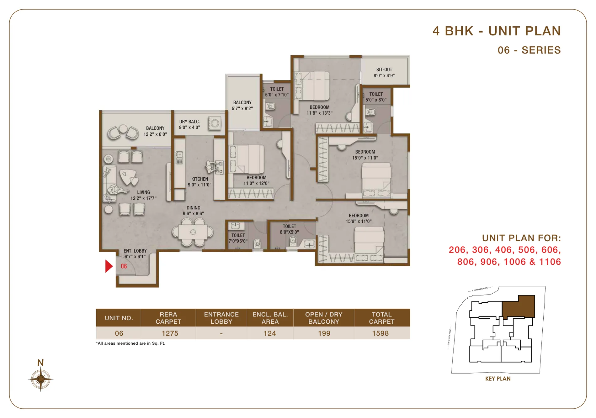 4 BHK plan of 1,598 sq ft with room sizes at Tej Midtown, Modibaug