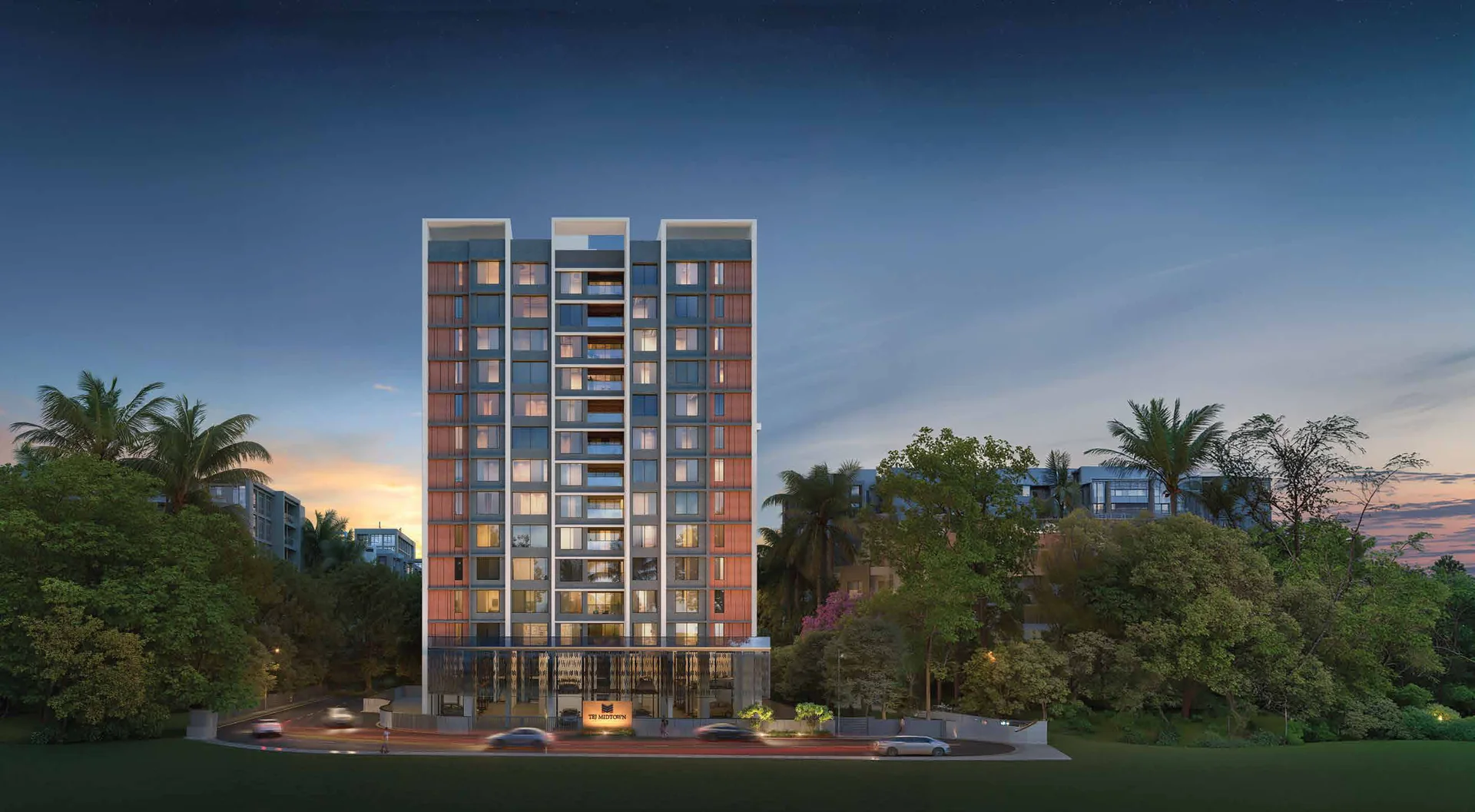 Exterior render of the tower lit up at dusk at Tej Midtown, Modibaug