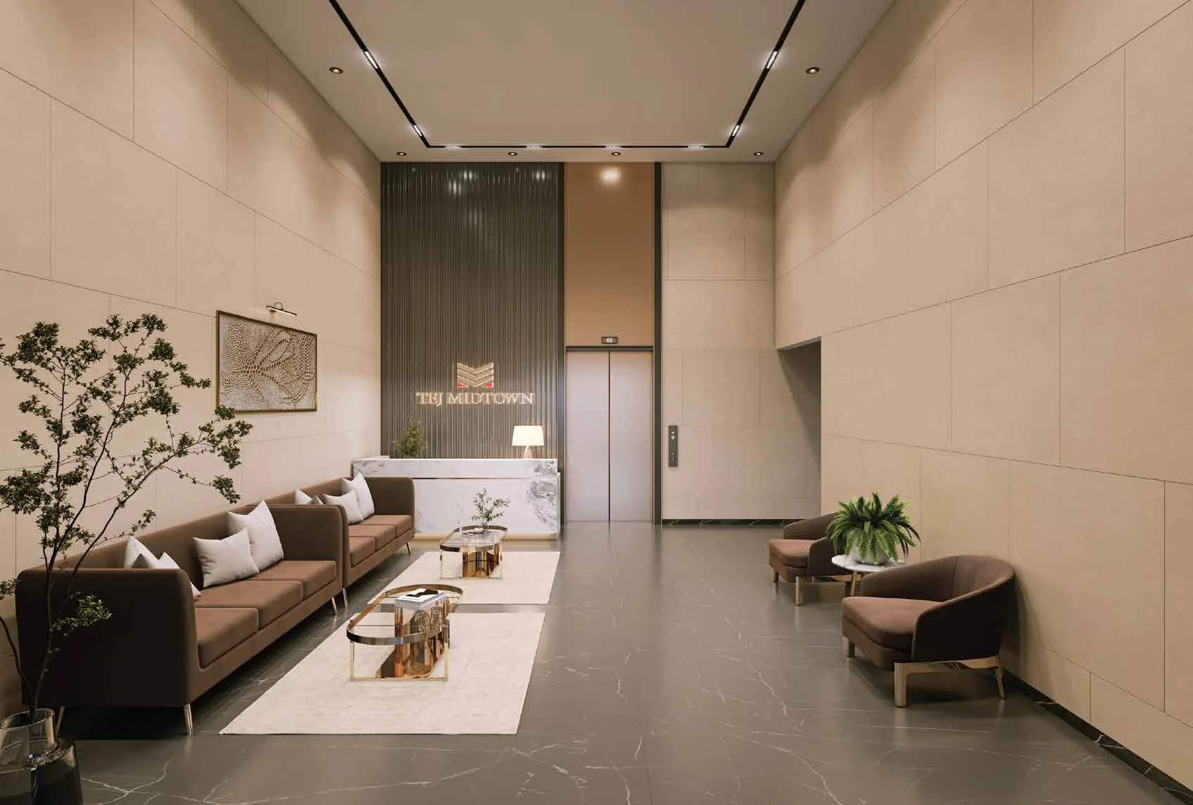 Entrance lobby render with sofas and a lift lobby at Tej Midtown, Modibaug