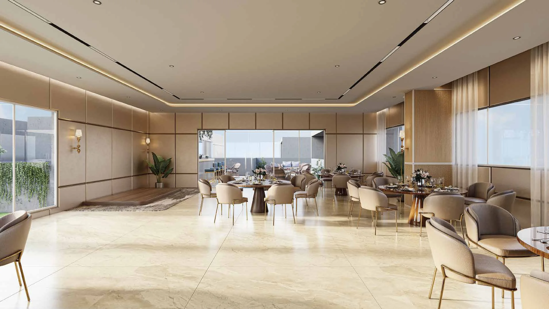 Rooftop multipurpose hall render with dining tables and city views at Tej Midtown, Modibaug