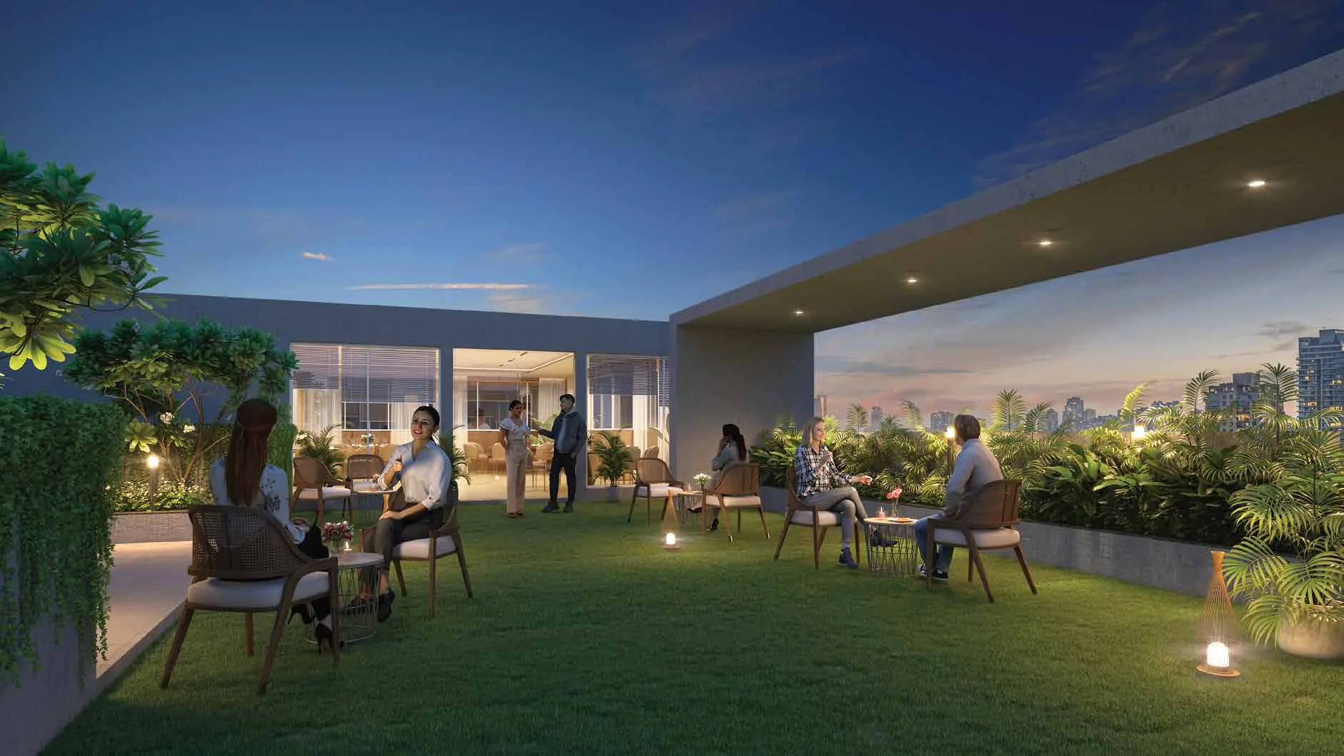 Rooftop multipurpose lawn render at dusk at Tej Midtown, Modibaug